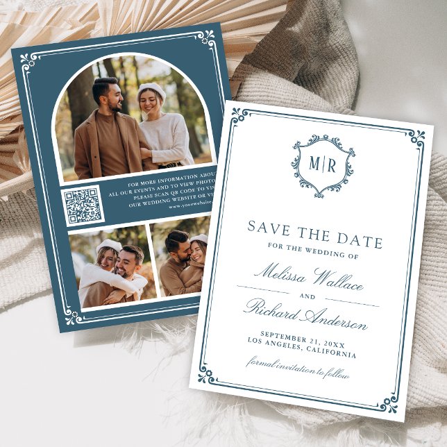 Monogram QR Code Photo Collage Dusty Blue Wedding Save The Date (Creator Uploaded)
