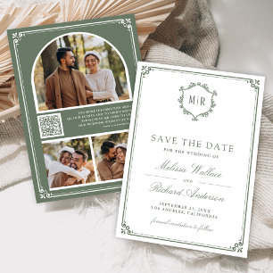 Monogram QR Code Photo Collage Sage Green Wedding Save The Date