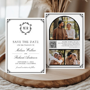 Monogram QR Code Photo Collage White Black Wedding Save The Date