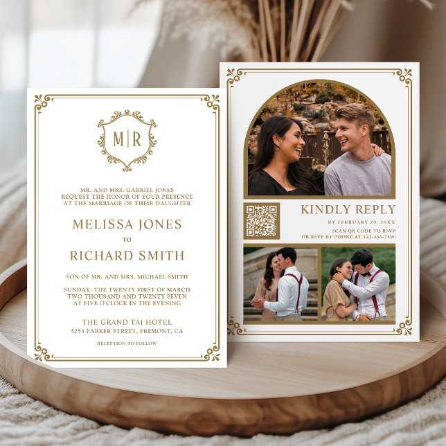 Monogram QR Code Photo Collage White Gold Wedding Invitation (Creator Uploaded)