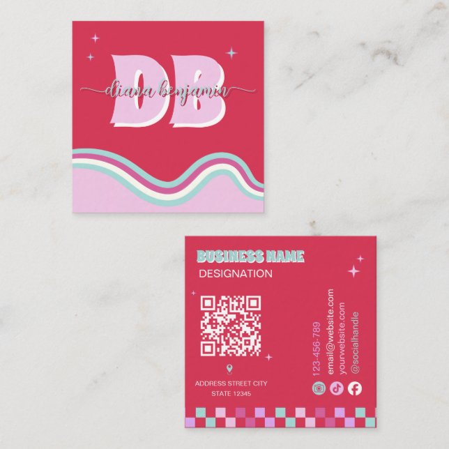 Monogram Qr Code Red Pink Retro  Square Business Card (Front/Back)