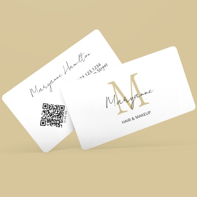 Monogram QR Code White Gold Business Card (Creator Uploaded)