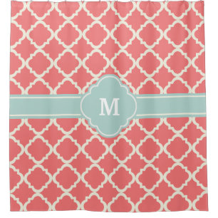 Monogram Quatrefoil Coral Mint Pattern Shower Curtain
