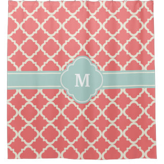 Monogram Quatrefoil Coral Mint Pattern Shower Curtain