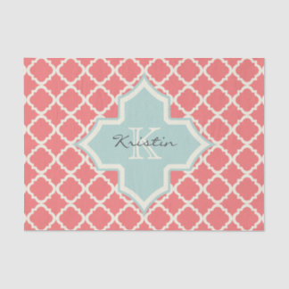 Monogram Quatrefoil Coral Mint Pattern Tissue Paper