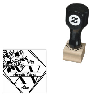 Monogram Quinceanera Mis XV 15 Geometric Floral Rubber Stamp