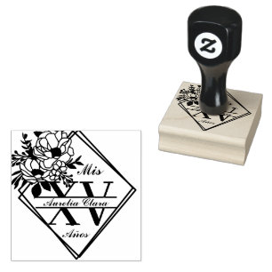 Monogram Quinceanera Mis XV Geometric Floral Rubber Stamp