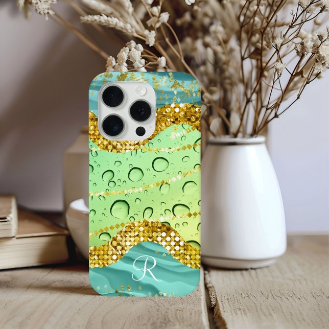 Monogram R Aqua Lime Gold Marble Fantasy Droplets Case-Mate iPhone Case (Creator Uploaded)