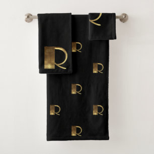 Monogram R Black and Gold Look Elegant Typography Bath Towel Set