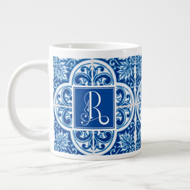 Monogram R, Classic Blue Tile Design Large Coffee Mug (Left)