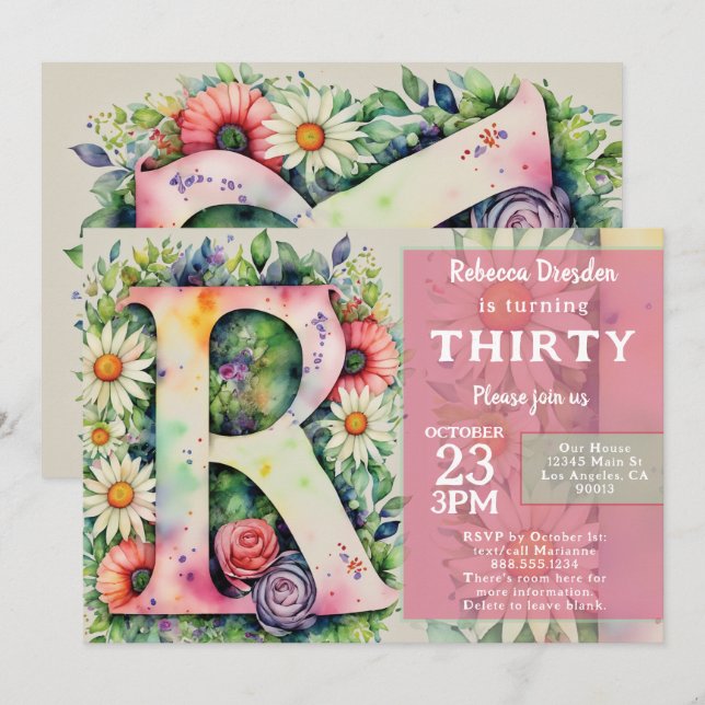 Monogram R Colorful Watercolor Flowers Birthday  Invitation (Front/Back)