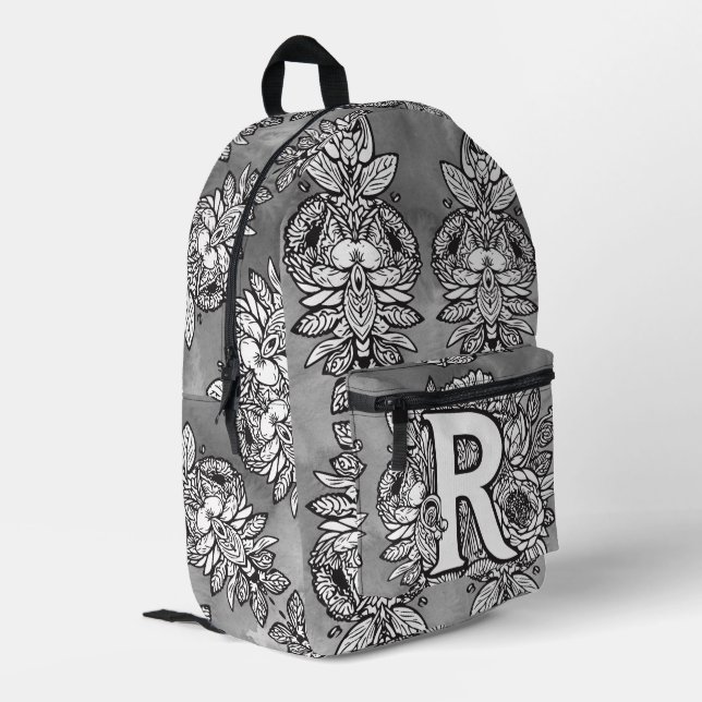 Monogram "R" Floral Tattoo Pattern Black White DIY Printed Backpack (Back Corner Left)