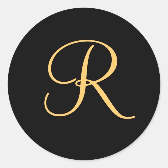 Monogram R,  gold coloured initial R on black, Classic Round Sticker (Front)