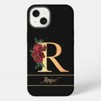 Monogram R golden custom name red roses black