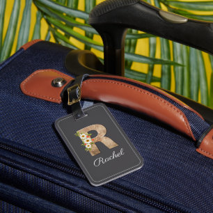 Monogram R gray wood letter flower Luggage Tag