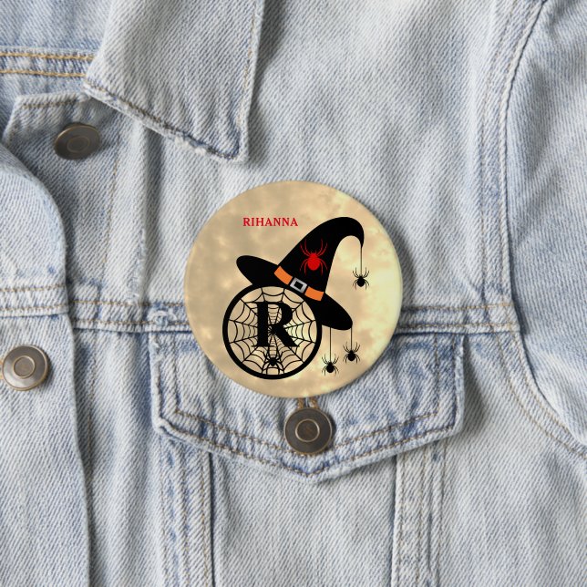 Monogram R Halloween Sky Witch Spiders Name 7.5 Cm Round Badge (In Situ)