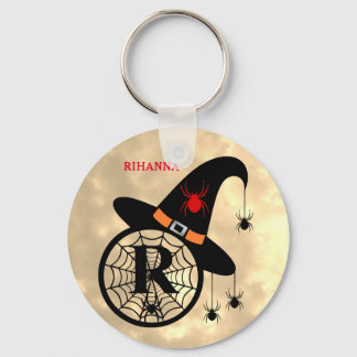 Monogram R Halloween Sky Witch Spiders Name Key Ring