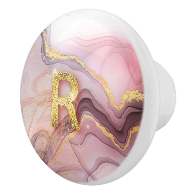 Monogram R Rosegold Pink Glitter Girly Gift Ceramic Knob (Right)