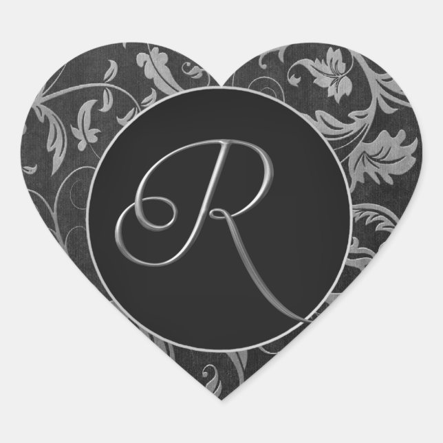 Monogram R Silver and Black Damask Wedding Seal (Front)