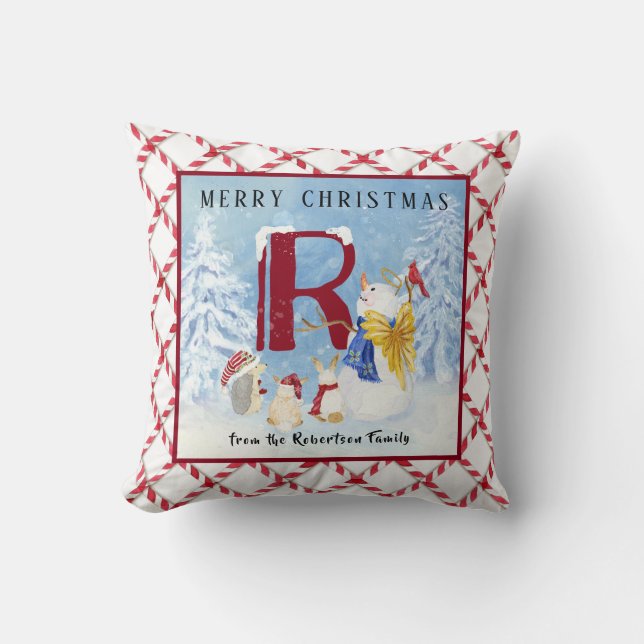 Monogram R Snowy Snowman Angel Hedgehog Rabbits Cushion (Front)
