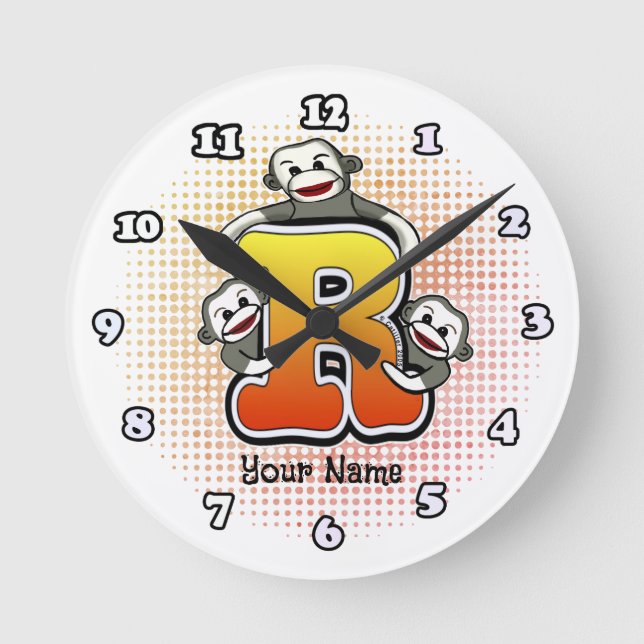 Monogram R Sock Monkey clock (Front)