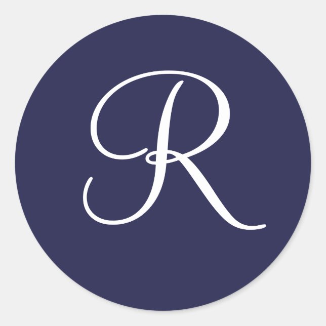 Monogram R, White on Navy Blue, Classic Round Sticker (Front)