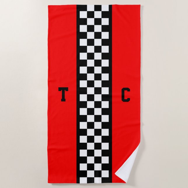 Monogram Race Car Chequered Pattern with Red Beach Towel (Front)