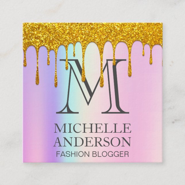 Monogram | Rainbow Blend | Gold Glitter Drip Square Business Card (Front)