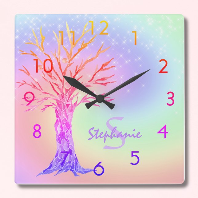 Monogram Rainbow Colors Girl's Square Wall Clock (Creator Uploaded)