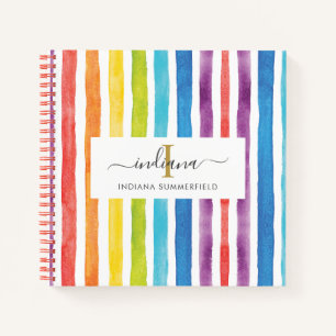 Monogram Rainbow Colourful Stripes Name Watercolor Notebook