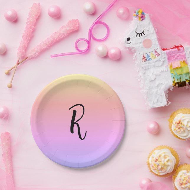 Monogram Rainbow Colours Personalised Paper Plate (Party)