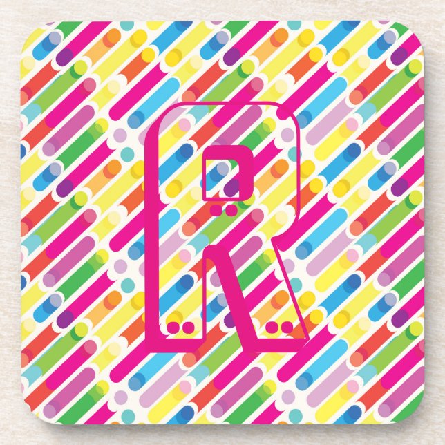 Monogram Rainbow Diagonal Lines Pattern Pop Art Coaster (Front)