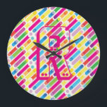 Monogram Rainbow Diagonal Lines Pattern Pop Art Large Clock<br><div class="desc">Monogram Rainbow Diagonal Lines Pattern Pop Art Trendy Design For All Occassion,  Holiday,  Birthday Party,  Anniversary - gifts and presents,  with Monogram text template. Summer Holiday. Red,  Blue,  Pink,  Yellow,  Violet,  Magenta,  Green - Abstract colors.</div>