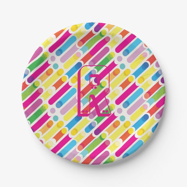 Monogram Rainbow Diagonal Lines Pattern Pop Art Paper Plate (Front)