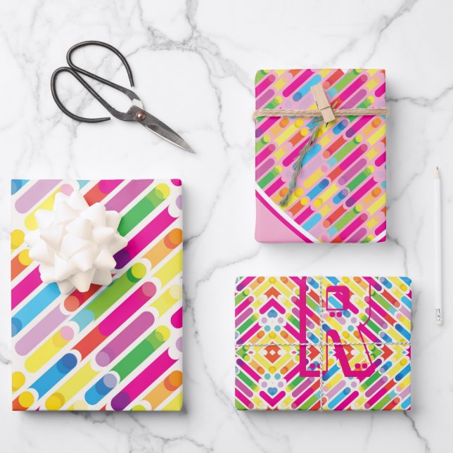 Monogram Rainbow Diagonal Lines Pattern Pop Art Wrapping Paper Sheet (Front)
