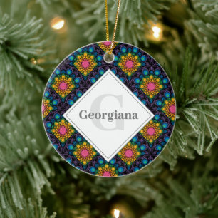 Monogram Rainbow Floral Fountain Art Deco Scallops Ceramic Tree Decoration