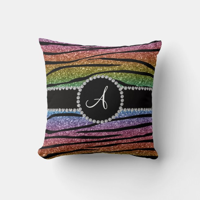 Monogram rainbow glitter zebra stripes circle cushion (Front)