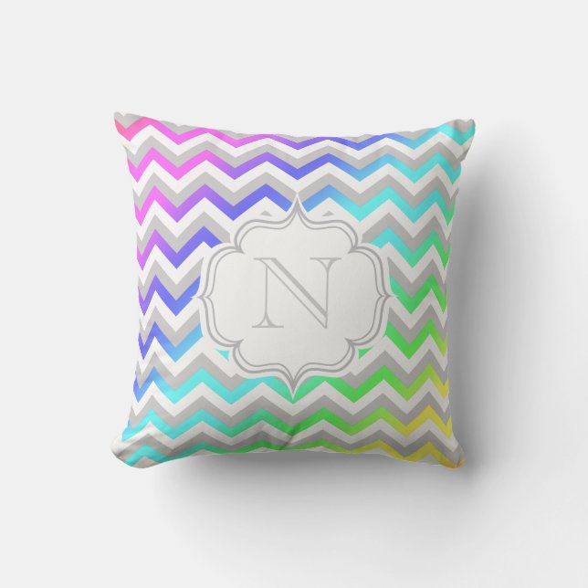 Monogram Rainbow Gradient Colourful Chevron Cushion (Front)