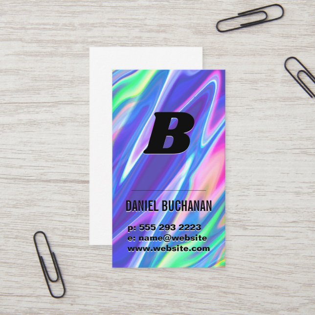 Monogram / Rainbow Liquid Metallic Background Business Card (Front/Back In Situ)