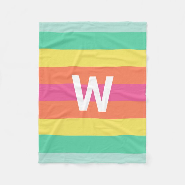 Monogram Rainbow Sherbet Colour Block Stripe Famil Fleece Blanket (Front)
