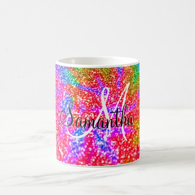 Monogram Rainbow Tie Dye Faux Glitter Coffee Mug (Center)