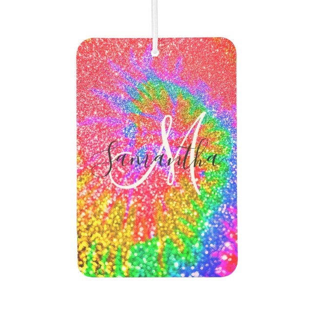 Monogram Rainbow Tie Dye Faux Glitter Photo Car Air Freshener (Front)