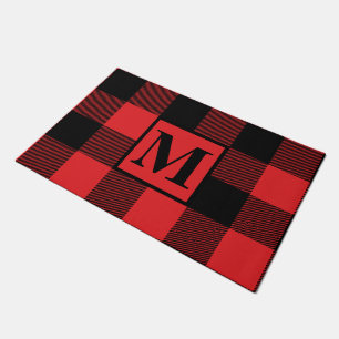 Monogram Red and Black Buffalo Plaid Christmas Doormat