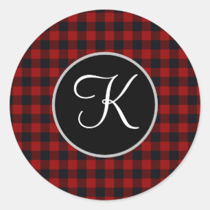 Monogram Red and Black Buffalo Plaid Classic Round Sticker