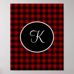Monogram Red and Black Buffalo Plaid  Faux  Poster