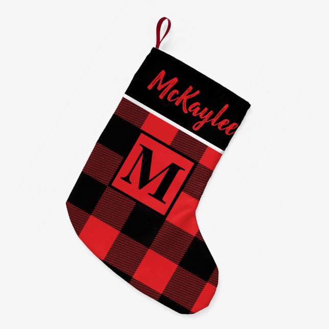 Monogram Red and Black Buffalo Plaid Personalised Small Christmas Stocking (Front (Hanging))