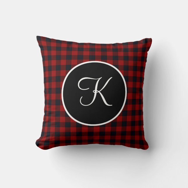 Monogram Red and Black Buffalo Plaid Throw Pillow (Front)