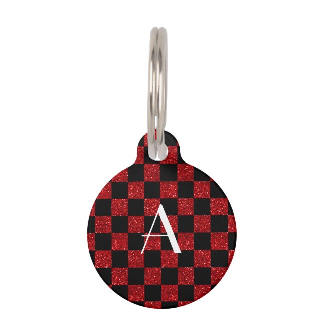 Monogram red and black glitter chequered pet tag (Front)