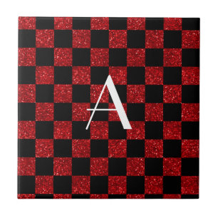 Monogram red and black glitter chequered tile