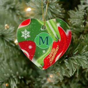MONOGRAM Red and Green Christmas Abstract Ceramic Tree Decoration